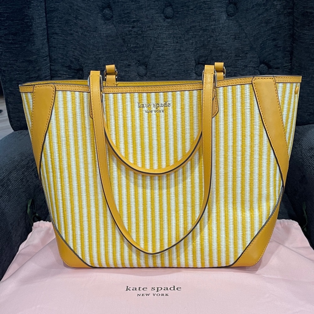 Kate Spade New York Yellow and White Buddie Striped Straw Tote Bag